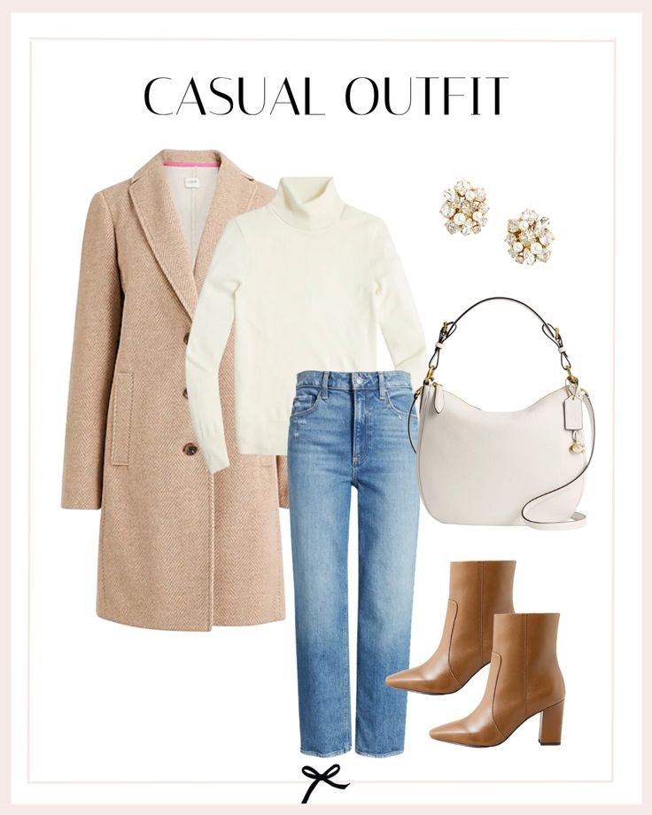 This outfit is full of timeless pieces, such as this tan chevron topcoat that exudes elegance & warmth. Layer it over an ivory turtleneck sweater for cozy comfort & a classic look. Pair it with high-waisted straight-leg jeans, offering style & versatility. Step into leather almond-toe ankle boots for a dash of sophistication. Complete the look with a white leather shoulder bag for a clean & modern touch. Add a subtle touch of glamour with a pair of pearl & crystal cluster stud earrings. Ivory Sweater Outfit, Tan Boots Outfit, Tan Sweater Outfit, Ivory Turtleneck, Atlanta Style, Fall Outfits 2023, Winter Boots Outfits, Boots Outfit Ankle, Atlanta Fashion