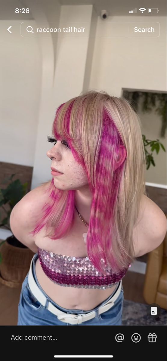 Purple Black Blonde Hair, Striped Colored Hair, Secret Rainbow Hair, Trashy Y2k Hair Color, Pink And Purple Raccoon Tail Hair, Blonde Pink Streaks, Blue Hair Designs, Red Bangs Blonde Hair, Hair Dye Ideas Blonde Color Trends