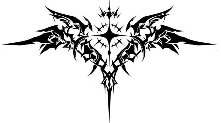 a black and white image of an intricate design on the back of a cross with wings