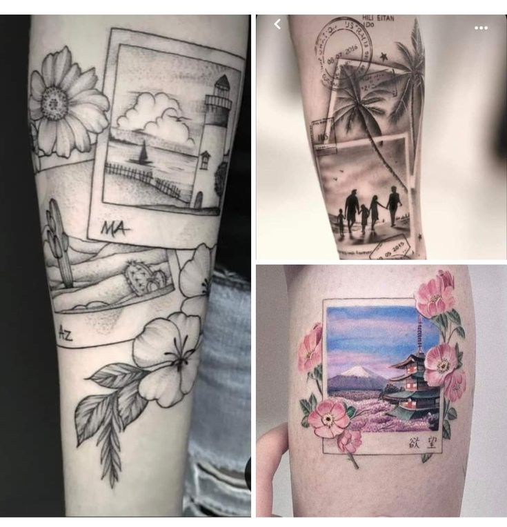 four different tattoos with pictures and flowers on them