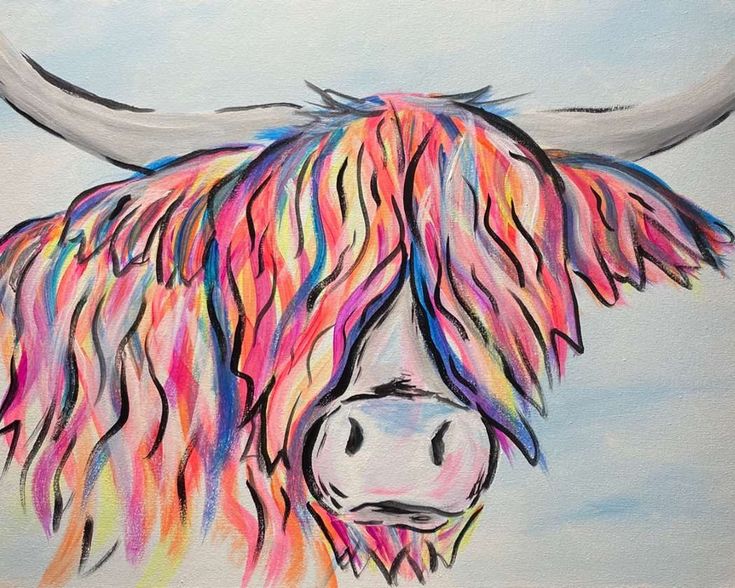 a painting of a colorful cow with long horns