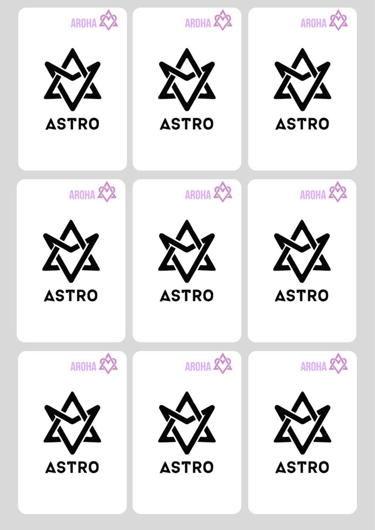 six square stickers with the names of astro and their respective symbols in black on white