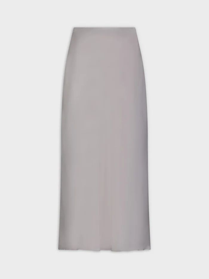 Satin Slip Skirt-Grey Elegant Gray Flowy Skirt, Elegant Long Gray Skirt, Elegant Gray Pleated Skirt, Elegant Gray Pencil Skirt For Workwear, Elegant Fitted Gray Maxi Skirt, Elegant Gray Fitted Maxi Skirt, Elegant Gray Lined Skirt Bottoms, Elegant Gray Lined Skirt, Elegant Gray Pencil Skirt