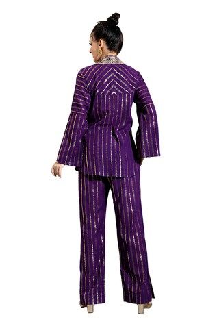 Violet shirt with stripe pattern and gota patti embellished collar. Paired with coordinating pant. - Aza Fashions Fitted Pant Set For Workwear And Festive Occasions, Fitted Palazzo Set For Workwear, Pant Women, Embellished Collar, Pattern Shirt, Pant Sets, Shirt Pattern, Aza Fashion, Stripes Pattern