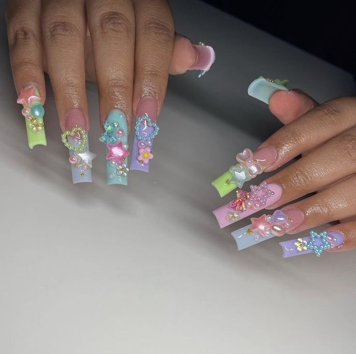 Pastel Y2k Nails, Cute Kawaii Nails, Kawaii Nail Designs, Kawaii Nails Acrylic, Harajuku Nails, Junk Nails, Drip Nails, Cute Acrylic Nail Designs, Really Cute Nails