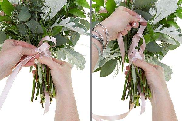 two pictures of hands holding flowers and ribbons