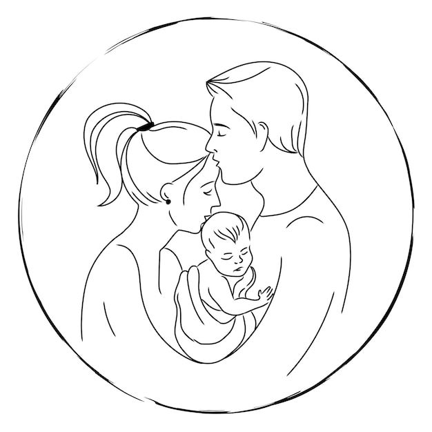 a man and woman are holding a baby in their arms, outline drawing royalty illustration