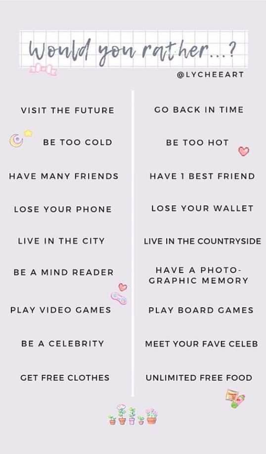 Would I Rather Questions, Choose One Game Fun With Answer, This Or That Pictures, Would You Rather Questions Funny, Ask Questions Game Instagram, This Or That Questions, This Or That, Would You Rather Quiz, Funny Conversation Starters