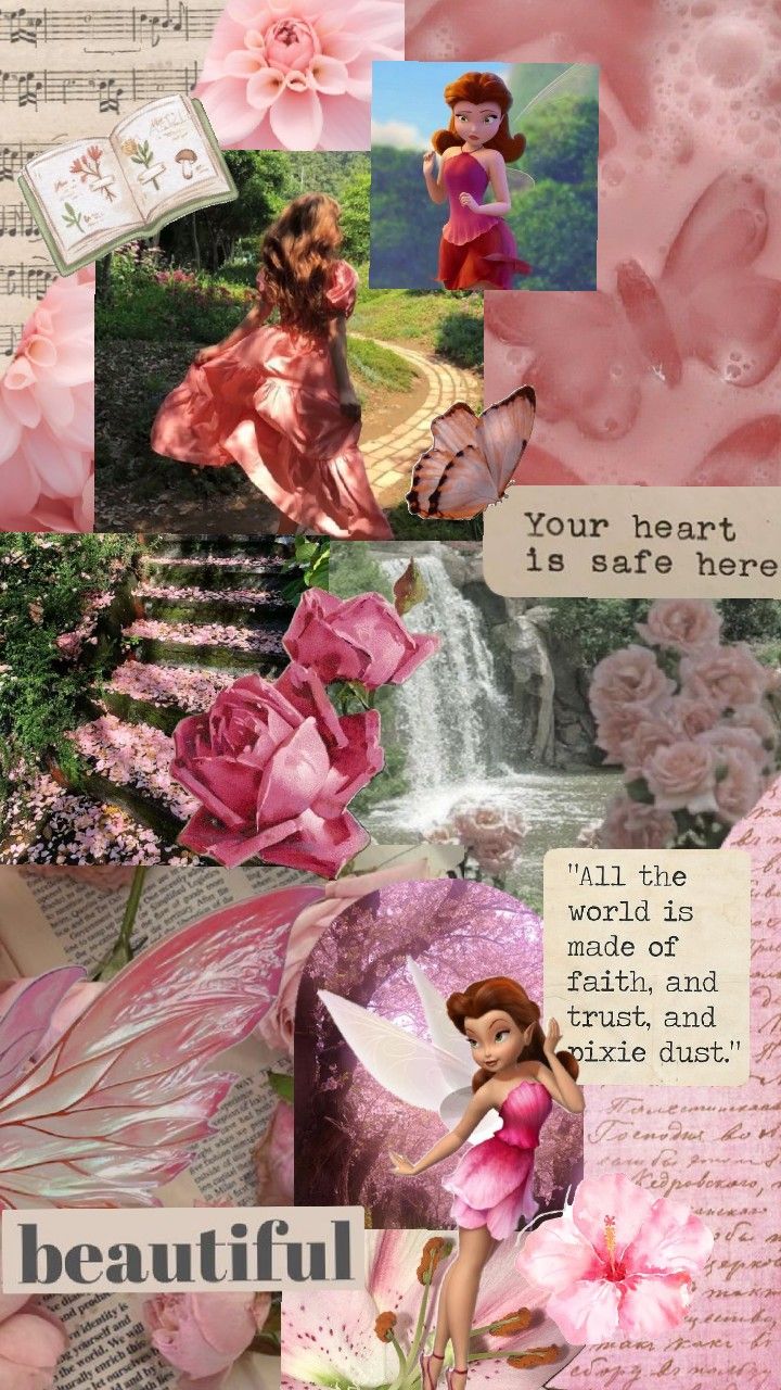 a collage with pink flowers and fairy pictures