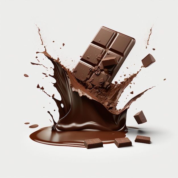 chocolate splashing into the ground with pieces of chocolate on top and one piece missing