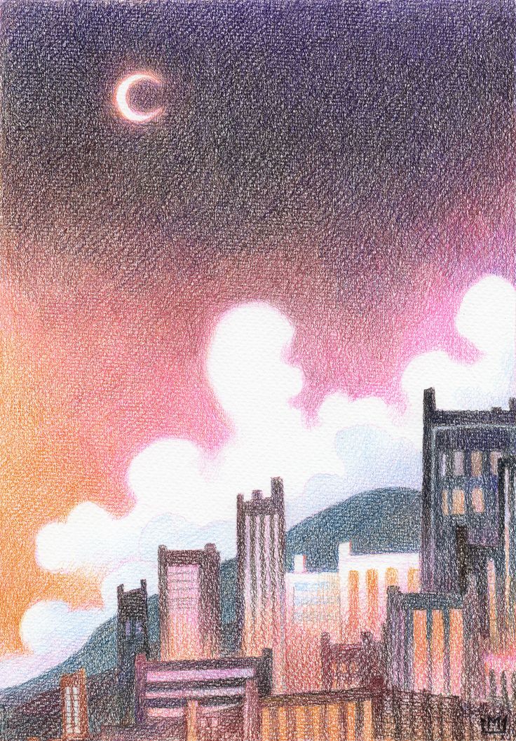 a drawing of a city at night with the moon in the sky