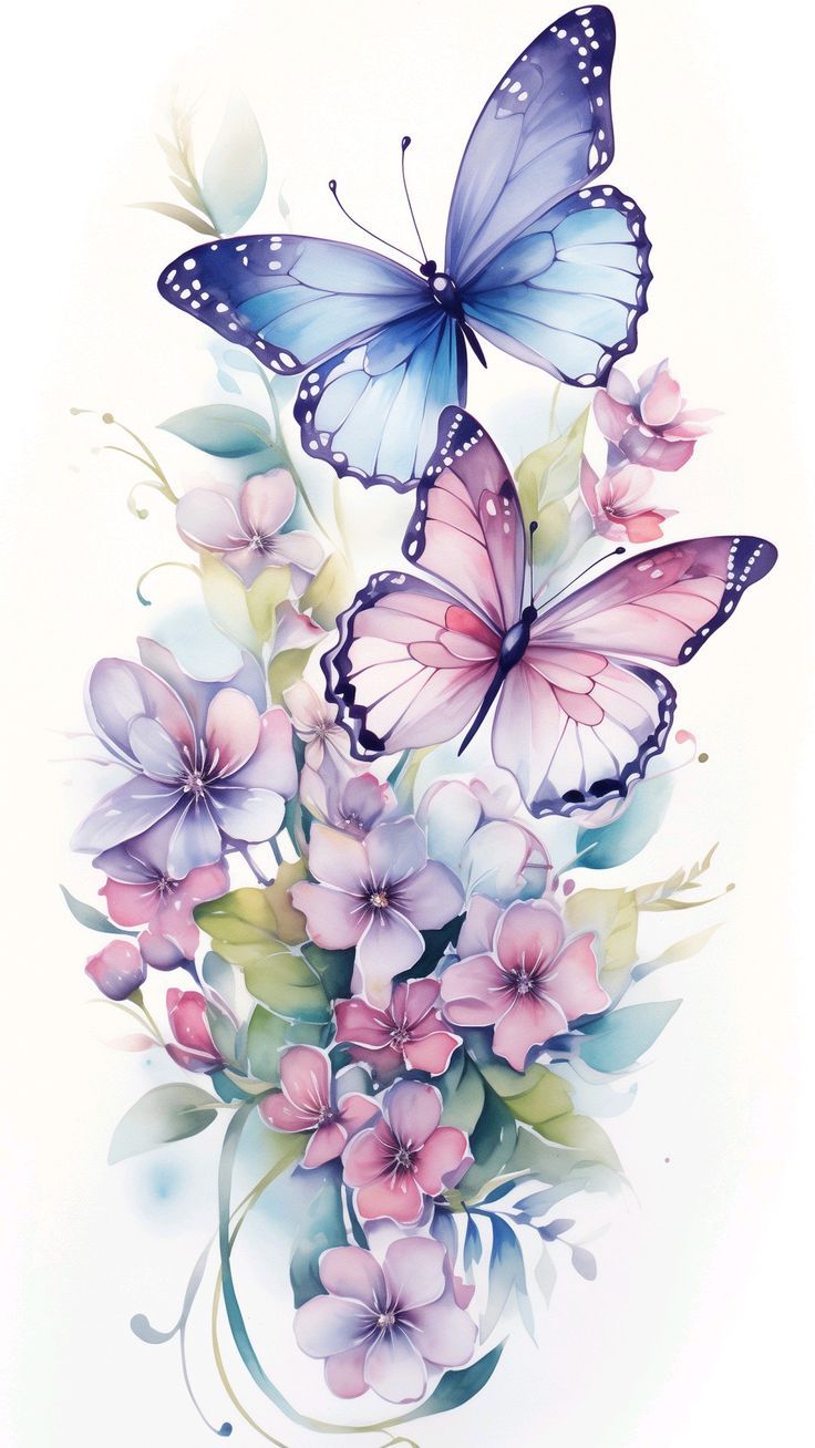 two butterflies flying over some pink and purple flowers with green leaves on the bottom right hand corner