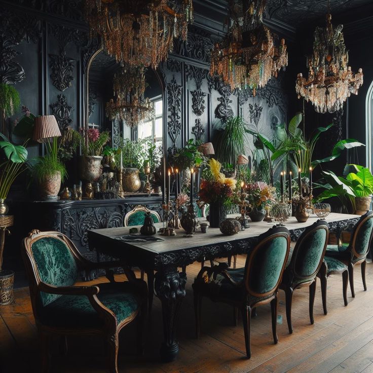 a dining room table surrounded by plants and chandeliers