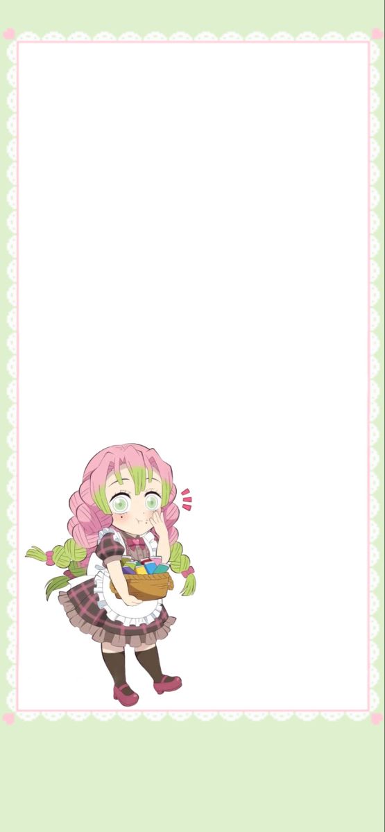 an anime character with pink hair and green eyes is holding a cell phone in her hand