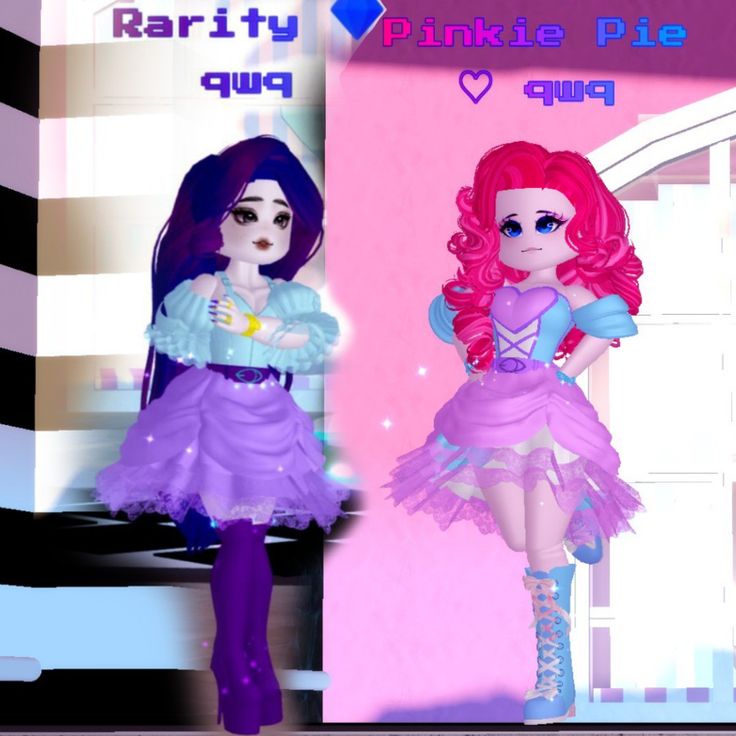 two dolls are standing next to each other in front of a pink and purple wall