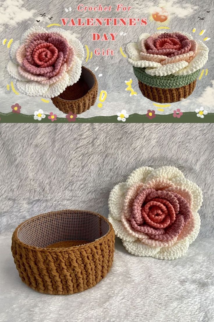 two crocheted baskets with flowers on them, one is brown and the other is pink