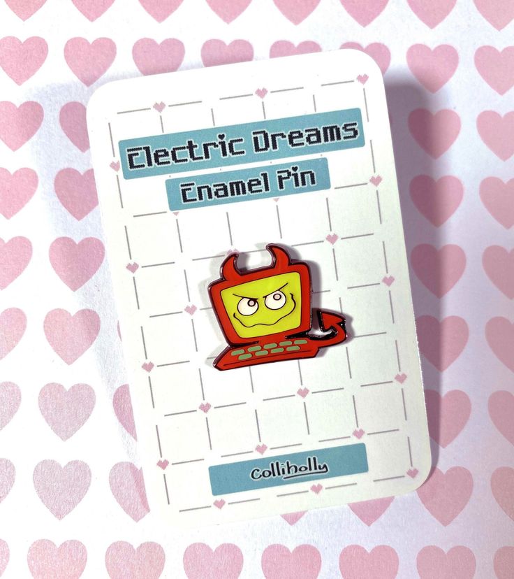 an electric dreams enamel pin on a pink and white background