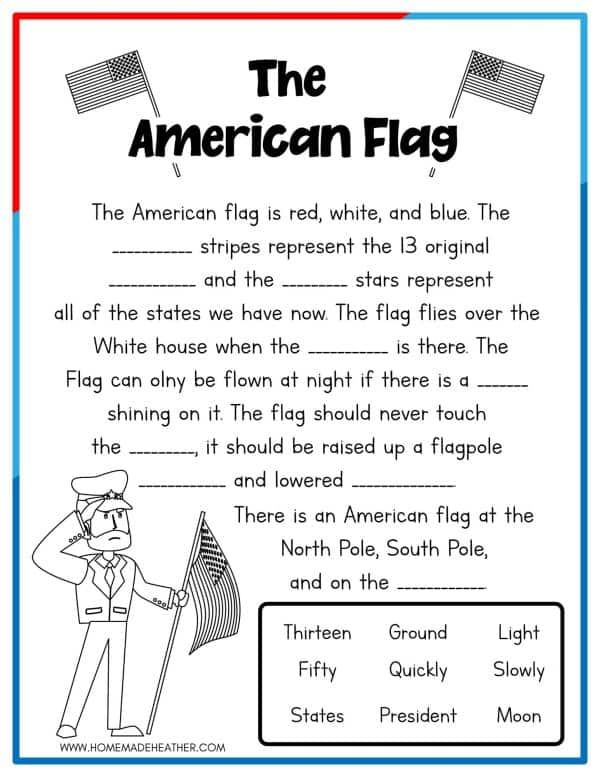 the american flag worksheet with an image of a man in uniform holding a flag