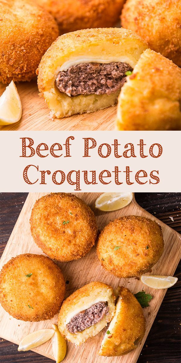 beef and potato croquettes on a cutting board with the title above it