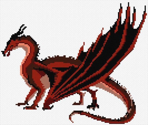 a cross stitch pattern of a red and black dragon with long, sharp tail feathers