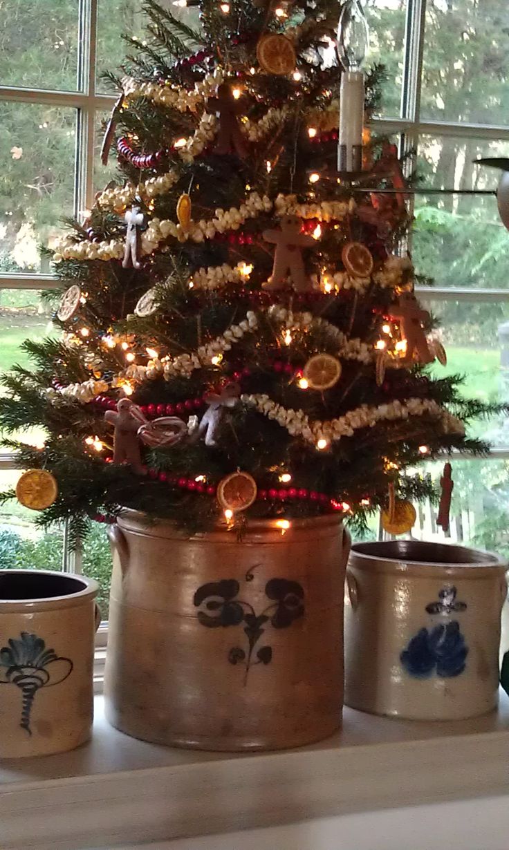 a small christmas tree in a pot next to two mugs on a window sill