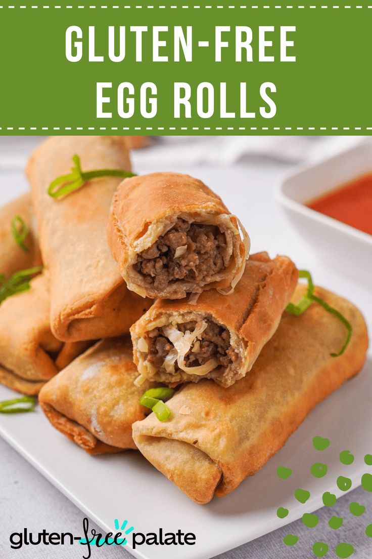 an egg roll on a plate with sauce in the background and text overlay that reads gluten - free egg rolls