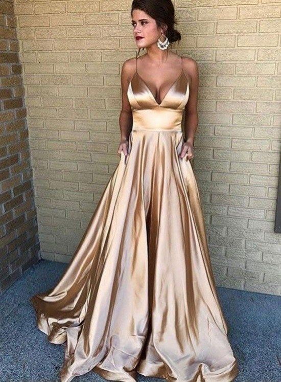 Champagne Formal Dresses, Champagne Prom Dress, Modest Prom, Gold Gown, Spaghetti Strap Prom Dress, V Neck Prom Dresses, Prom Long, Evening Dresses With Sleeves, Sleeveless Outfit