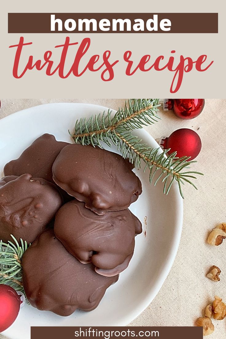 chocolate truffles on a white plate with christmas decorations and nuts in the background