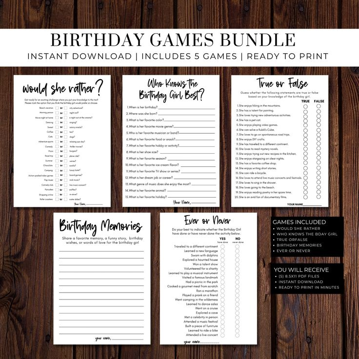 Birthday Games Bundle Printable Birthday Bingo Free Printable, Who Knows The Birthday Girl Best, Birthday Quiz, Birthday Sleepover, Would She Rather, Printable Party Decorations, Birthday Activities, 5x7 Cards, Engagement Invitations