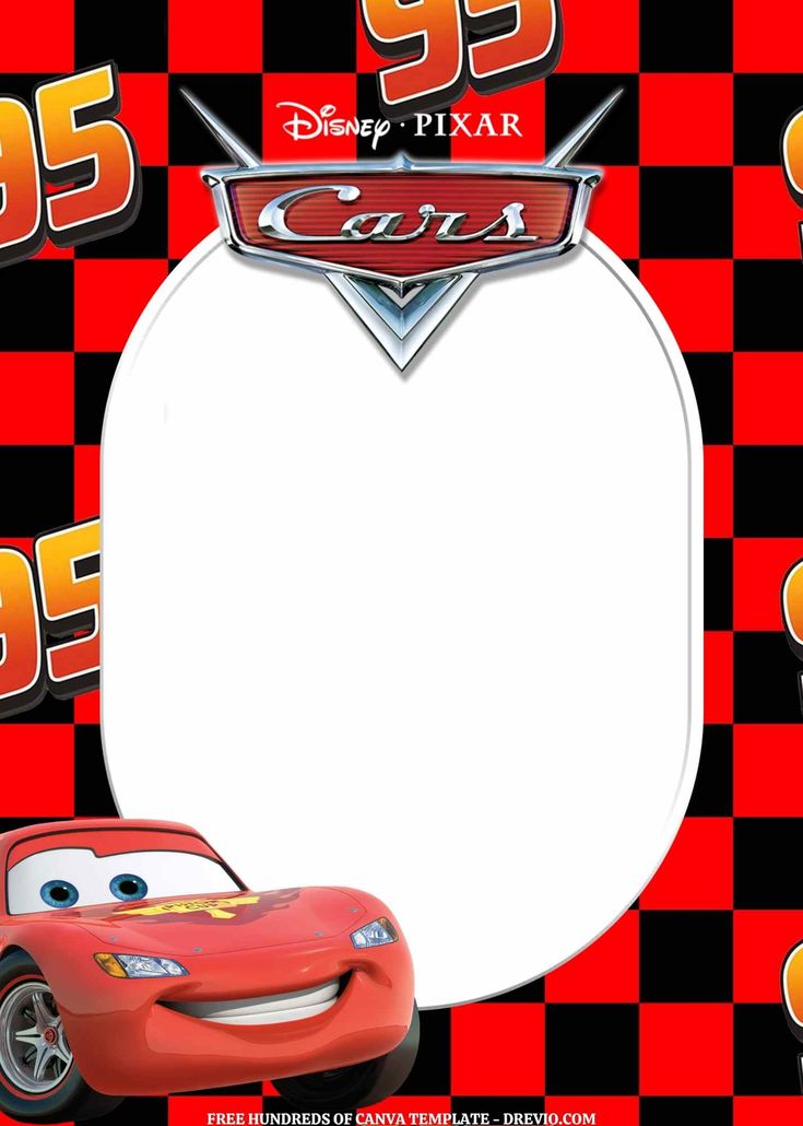 the cars movie character is shown in front of a red and black checkered background