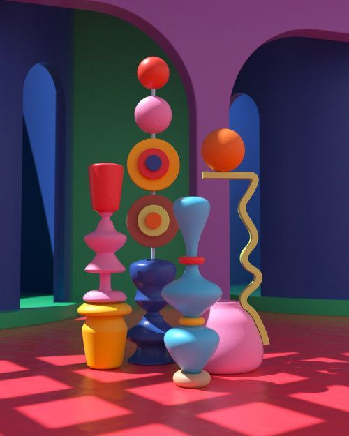 an animated image of some colorful objects in a room with blue walls and red flooring