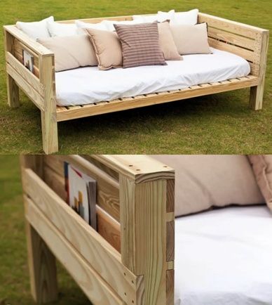 two pictures of a couch made out of wooden pallets with pillows on top and bottom