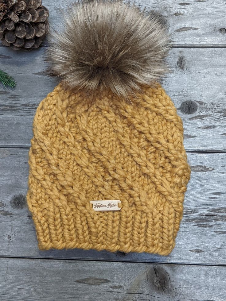 Beanie Ideas, Textured Hat, Goldenrod Color, Caramel Blonde, Fancy Buttons, Winter Knit Hats, Cozy Tops, Wooden Tags, Winter Hats For Women