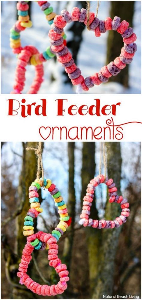 the bird feeder ornaments are made out of yarn and plastic beads, hanging from strings