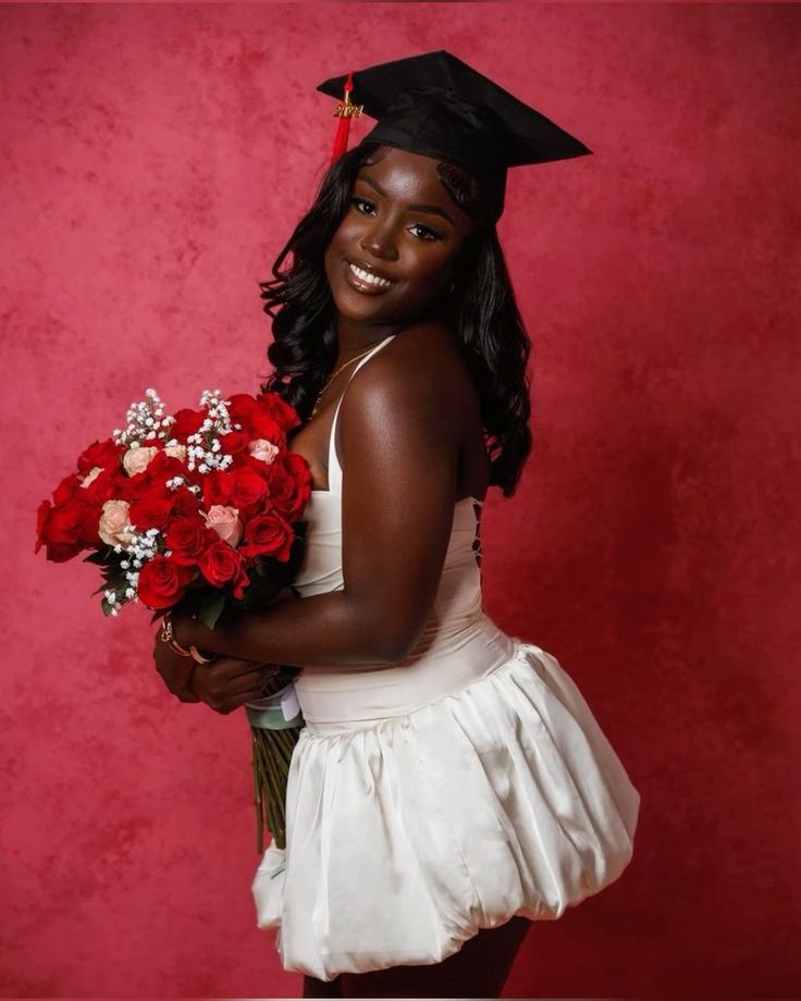 a girl in a graduation cap and gown holding red roses with her hand on her hip