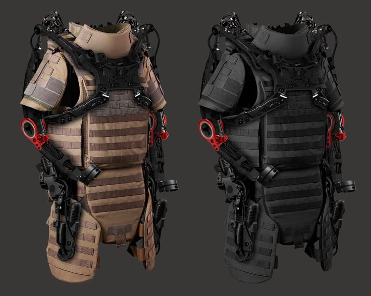 the back and side views of an armored body armor with red handles, straps and pads