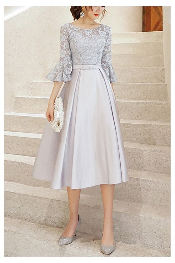 10% off now! Shop elegant grey tea length party dress with lace sleeves online. Sheprom offers formal, party, casual & more style dresses to fit your special occasions. Midi Homecoming Dresses, Dress With Lace Sleeves, Grey Tea, Evening Gowns Elegant, Long Evening Gowns, فستان سهرة, Midi Cocktail Dress, Tea Length Dresses, Prom Dresses With Sleeves