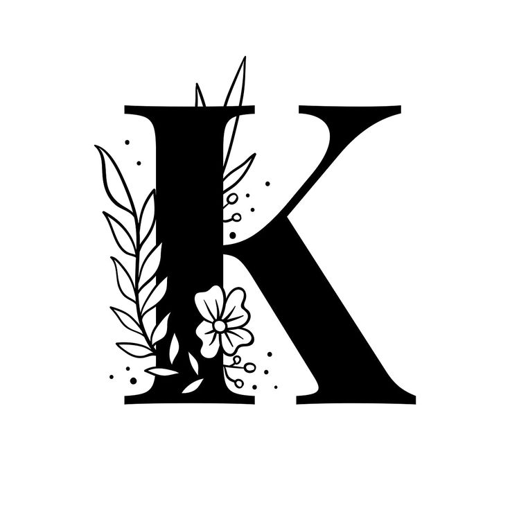 the letter k with flowers and leaves is shown in black on an isolated white background