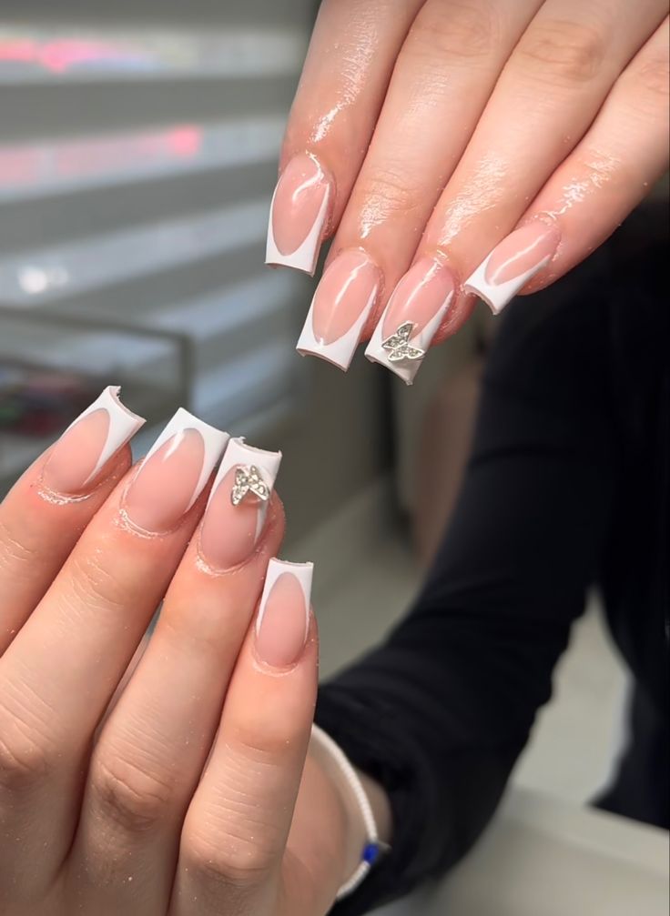 Square Nails With Bow, Bow Square Nails, Classy Nude Nails 2024, 2024 Nude Nails, Nails 2024 Long Square, Baddies Nails, Acrylic Nails Nude, Formal Nails, Graduation Nails