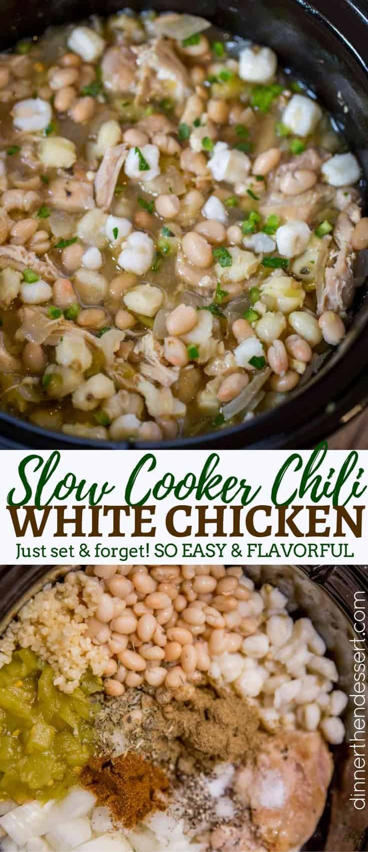 two pictures showing the steps to make slow cooker white chicken and rice casserole