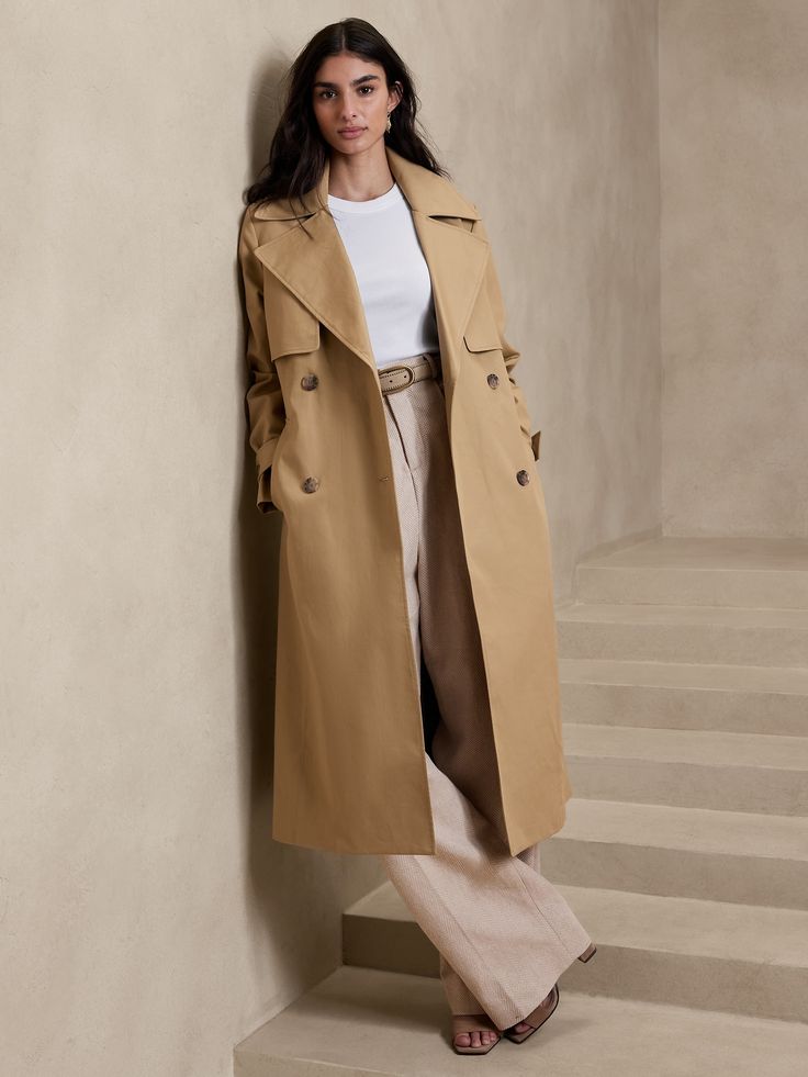 Rio Bonded Trench Coat | Banana Republic Trench Coat Outfit Fall, Petite Trench Coat, Trench Coat Fall, Khaki Trench, Khaki Trench Coat, Trench Coat Outfit, Denim Trench Coat, Classic Trench Coat, Wool Trench Coat