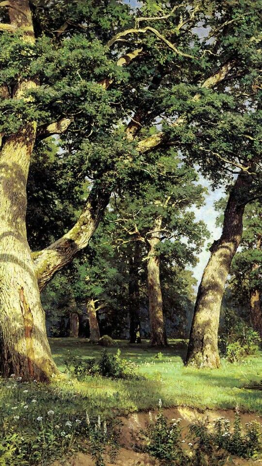 a painting of some trees in the grass