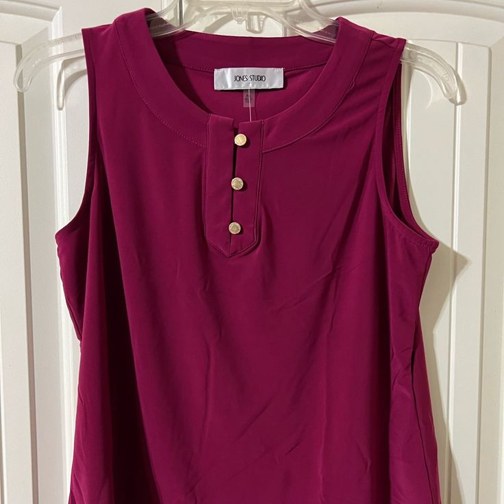 Beautiful Blouse With Gold Button Details. Material Is Soft & “Slick/Slinky” If You Will. This Top Is Nwt, Has Never Been Worn, & Is Still In Plastic It Was Delivered In. 96% Polyester 4% Elastane Pet Friendly & Smoke Free Home. Sleeveless Tops With Button Closure For Work, Sleeveless Buttoned Tops For Work, Elegant Sleeveless Blouse With Button Closure, Sleeveless Stretch Top With Button Closure, Fitted Tank Top With Button Closure, Solid Sleeveless Tank Top With Button Closure, Purple Fitted Button-up Blouse, Purple Sleeveless Moisture-wicking Top, Light Pink Blouses