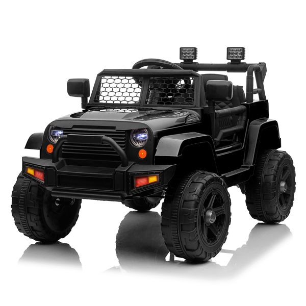 a black toy truck with lights on and no steerings is shown in front of a white background