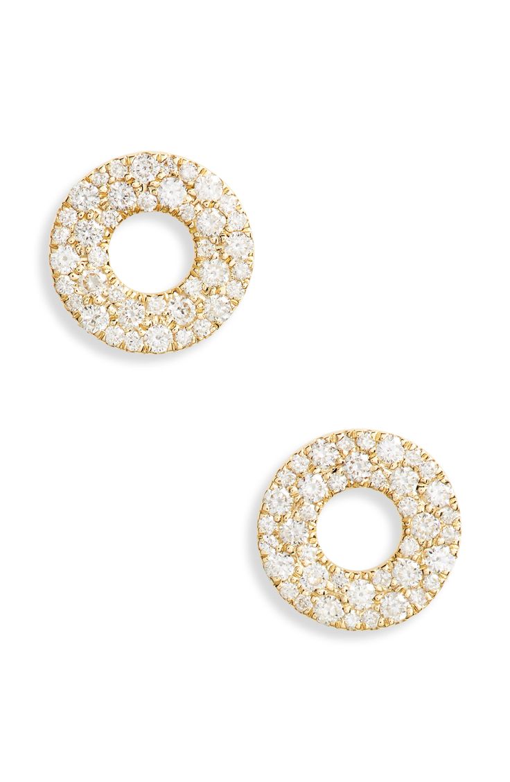 These handcrafted stud earrings feature 18-karat-gold rings lit up glittering diamond pavé. 1/4" diameter Post back Total diamond weight: 0.36ct. Color: G Clarity: VS 18k gold/diamond Imported >Diamond Guide Dazzling Gold Diamond Earrings With Halo, Dazzling Yellow Gold Diamond Earrings With Pave Setting, Dazzling Yellow Gold Diamond Earrings With Single Cut, Fine Jewelry Yellow Gold Diamond Earrings With Pavé Setting, Dazzling Round Pave Set Earrings, Dazzling Round Earrings With Pave Setting, Yellow Gold Diamond Earrings With Pave Setting, Dazzling Yellow Gold Diamond Earrings, 14k Gold Round Diamond Earrings With Pave Setting