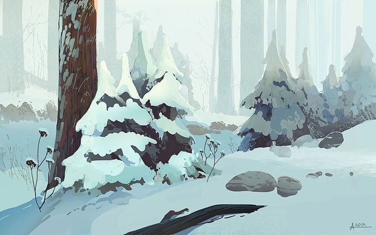 a digital painting of snow covered trees and rocks