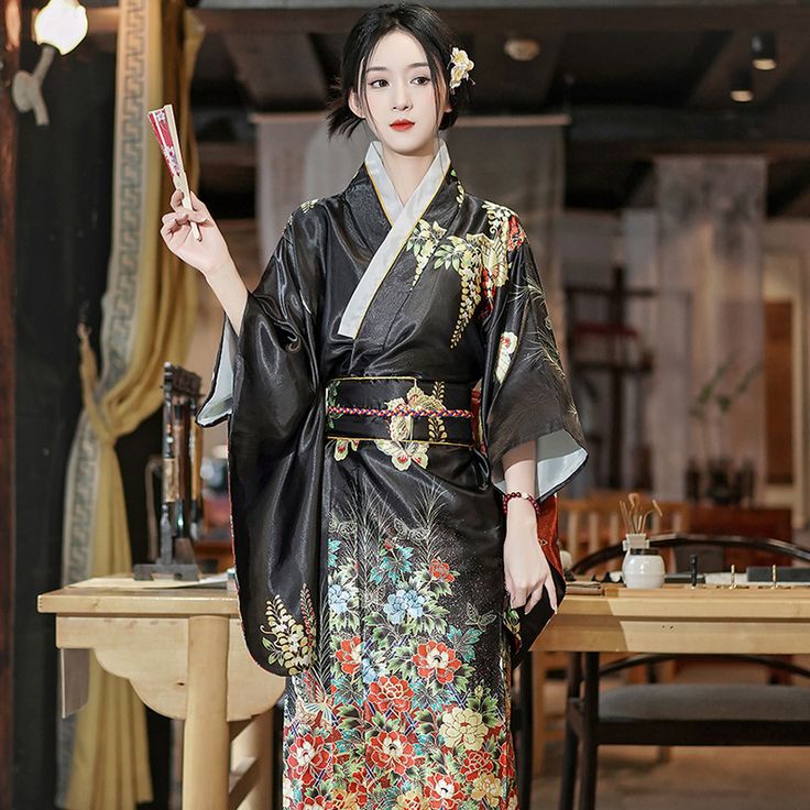 Color: Black, Size: One Size Traditional Fitted Black Kimono, Fitted Black Traditional Kimono, Fitted Traditional Black Kimono, Traditional Black Kimono For Fall, Traditional Black Fall Kimono, Black Kimono For Fall, Black Kimono Traditional, Japanese Floral Design, Kimono Traditional