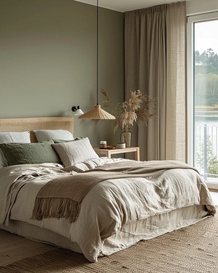 a bedroom with a large bed next to a sliding glass door that opens onto a balcony