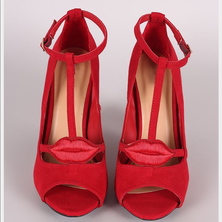 Nwt Red Lips T-Strap Blocked Heels By Bamboo. Really Cute. Size 7. Offers Welcome Red T-strap Sandals With Ankle Strap, Red T-strap Heels For Party, Red Ankle Strap T-strap Sandals, Red T-strap Sandals For Spring, Blocked Heels, Lip Patch, Wrap Heels, Strap Pumps, Suede Fabric