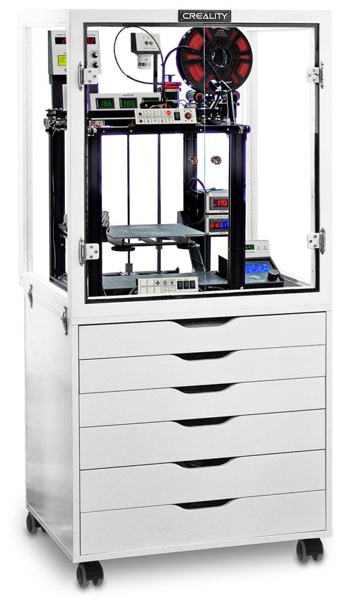 an automated machine with drawers and wheels on the bottom, in front of a white background